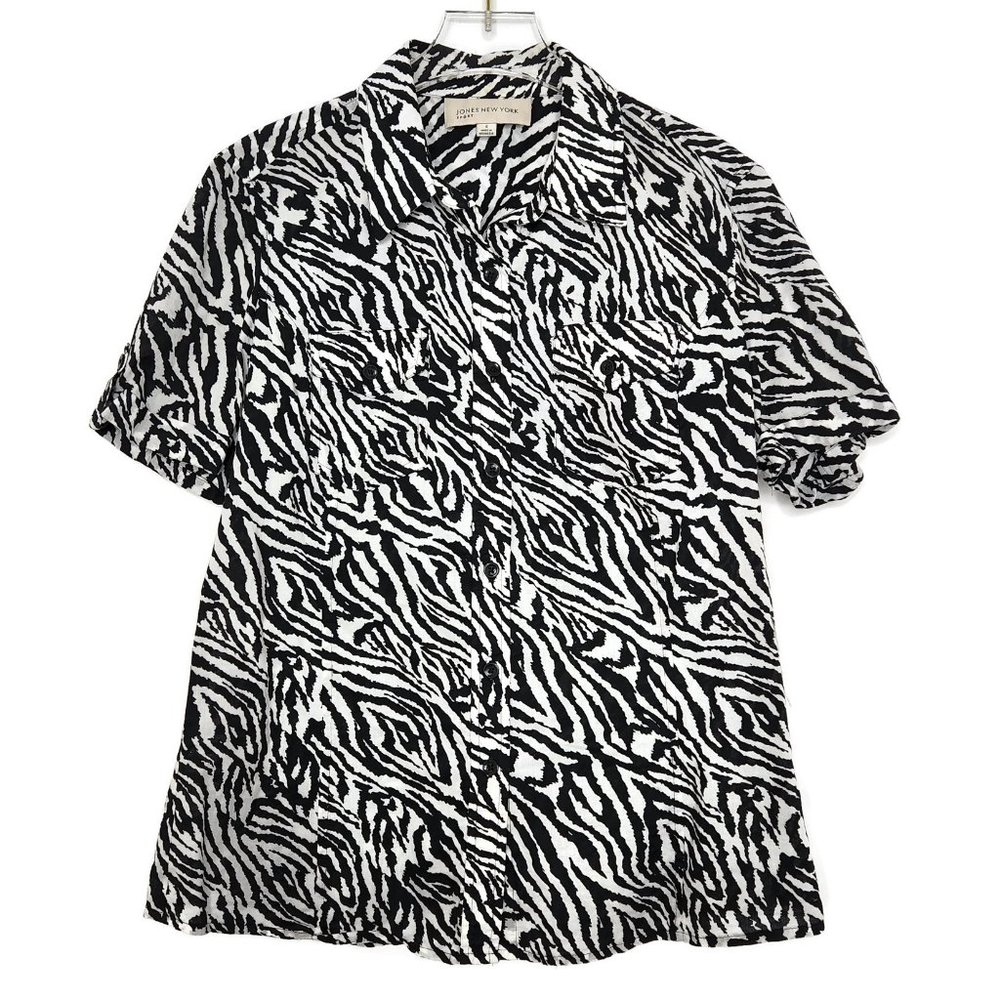 Jones New York Sport Cotton Blouse Small Zebra Buttons Short Sleeve Black White